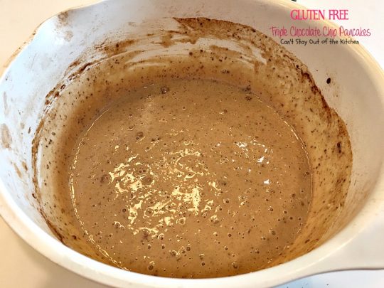 Gluten Free Triple Chocolate Chip Pancakes | Can't Stay Out of the Kitchen | these awesome #pancakes taste like eating #dessert! #chocolatechips, #cocoa and #chocolate sauce make for one of the richest most decadent #breakfast entrees you'll ever eat! #glutenfree