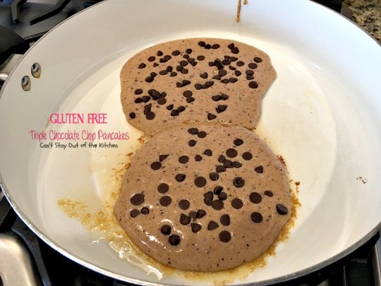 Gluten Free Triple Chocolate Chip Pancakes | Can't Stay Out of the Kitchen | these awesome #pancakes taste like eating #dessert! #chocolatechips, #cocoa and #chocolate sauce make for one of the richest most decadent #breakfast entrees you'll ever eat! #glutenfree
