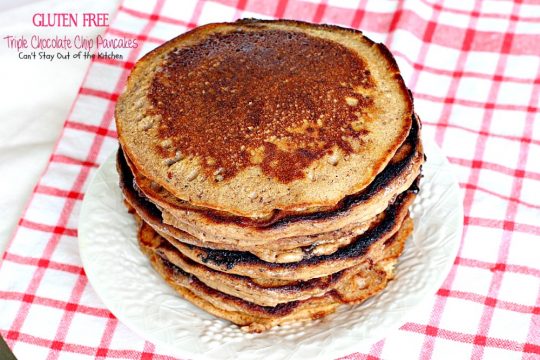 Gluten Free Triple Chocolate Chip Pancakes | Can't Stay Out of the Kitchen | these awesome #pancakes taste like eating #dessert! #chocolatechips, #cocoa and #chocolate sauce make for one of the richest most decadent #breakfast entrees you'll ever eat! #glutenfree
