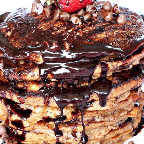 Gluten Free Triple Chocolate Chip Pancakes | Can't Stay Out of the Kitchen | these awesome #pancakes taste like eating #dessert! #chocolatechips, #cocoa and #chocolate sauce make for one of the richest most decadent #breakfast entrees you'll ever eat! #glutenfree