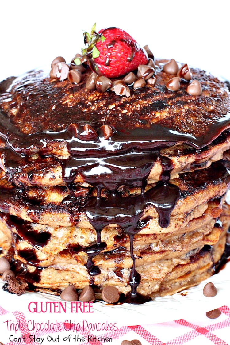 Gluten Free Triple Chocolate Chip Pancakes | Can't Stay Out of the Kitchen | these awesome #pancakes taste like eating #dessert! #chocolatechips, #cocoa and #chocolate sauce make for one of the richest most decadent #breakfast entrees you'll ever eat! #glutenfree