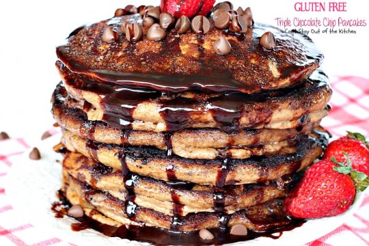 Gluten Free Triple Chocolate Chip Pancakes | Can't Stay Out of the Kitchen | these awesome #pancakes taste like eating #dessert! #chocolatechips, #cocoa and #chocolate sauce make for one of the richest most decadent #breakfast entrees you'll ever eat! #glutenfree