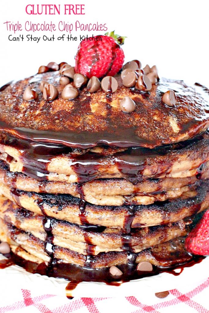 Gluten Free Triple Chocolate Chip Pancakes | Can't Stay Out of the Kitchen | these awesome #pancakes taste like eating #dessert! #chocolatechips, #cocoa and #chocolate sauce make for one of the richest most decadent #breakfast entrees you'll ever eat! #glutenfree