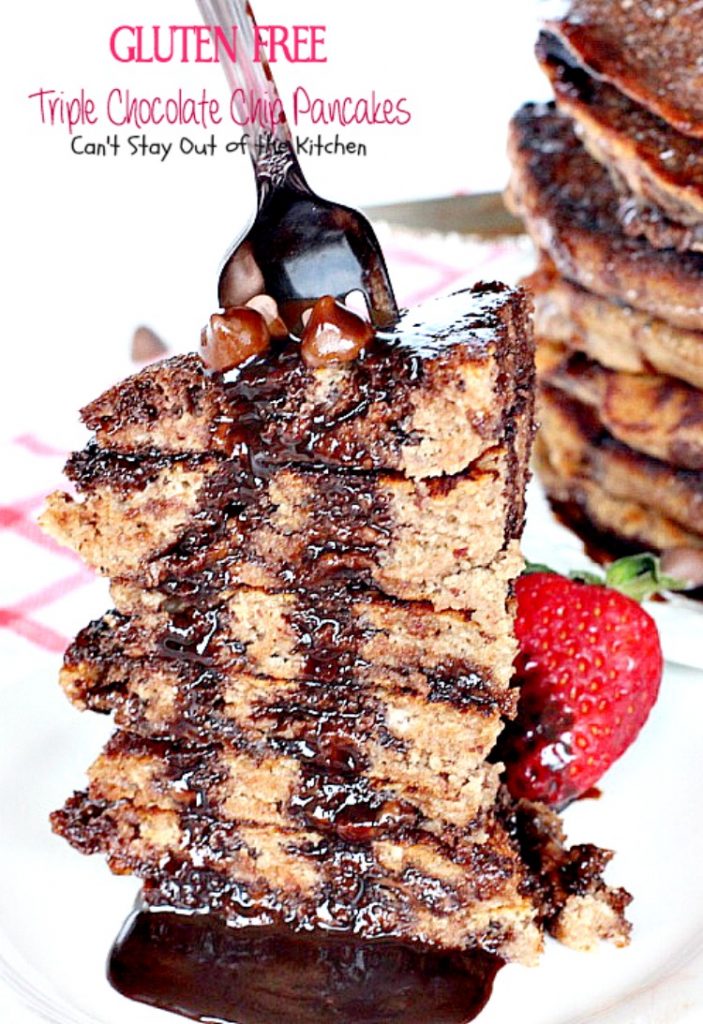 Gluten Free Triple Chocolate Chip Pancakes | Can't Stay Out of the Kitchen | these awesome #pancakes taste like eating #dessert! #chocolatechips, #cocoa and #chocolate sauce make for one of the richest most decadent #breakfast entrees you'll ever eat! #glutenfree