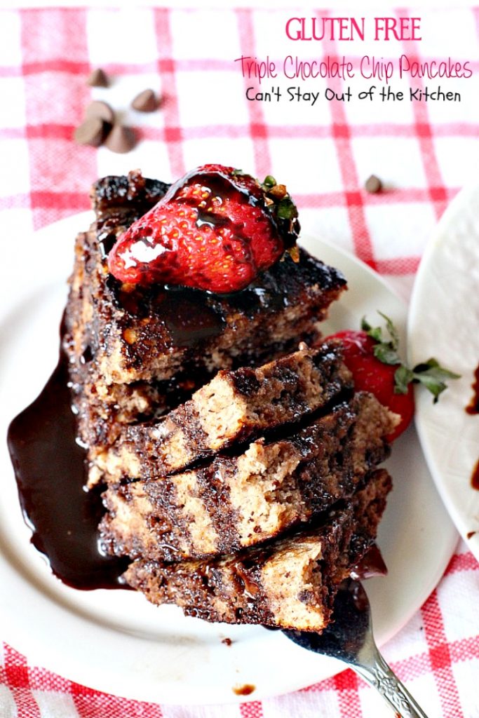 Gluten Free Triple Chocolate Chip Pancakes | Can't Stay Out of the Kitchen | these awesome #pancakes taste like eating #dessert! #chocolatechips, #cocoa and #chocolate sauce make for one of the richest most decadent #breakfast entrees you'll ever eat! #glutenfree