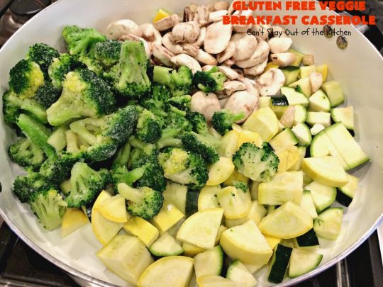 Gluten Free Veggie Breakfast Casserole | Can't Stay Out of the Kitchen | this is one fantastic #breakfast #casserole. This #healthy #glutenfree version is loaded with #veggies but NO meat. This terrific #breakfastcasserole is terrific for #holiday breakfasts like #Christmas or #NewYearsDay. #HolidayBreakfast #ChristmasBreakfast #NewYearsDayBreakfast #vegetarian #HealthyBreakfastCasserole #MeatlessMondays #VegetarianBreakfastCasserole #broccoli #spinach #tomatoes #squash #mushrooms #cheddarcheese
