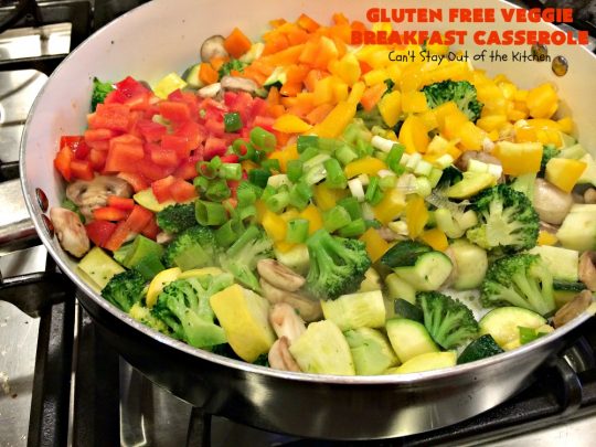 Gluten Free Veggie Breakfast Casserole | Can't Stay Out of the Kitchen | this is one fantastic #breakfast #casserole. This #healthy #glutenfree version is loaded with #veggies but NO meat. This terrific #breakfastcasserole is terrific for #holiday breakfasts like #Christmas or #NewYearsDay. #HolidayBreakfast #ChristmasBreakfast #NewYearsDayBreakfast #vegetarian #HealthyBreakfastCasserole #MeatlessMondays #VegetarianBreakfastCasserole #broccoli #spinach #tomatoes #squash #mushrooms #cheddarcheese