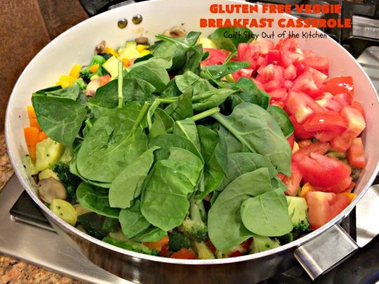 Gluten Free Veggie Breakfast Casserole | Can't Stay Out of the Kitchen | this is one fantastic #breakfast #casserole. This #healthy #glutenfree version is loaded with #veggies but NO meat. This terrific #breakfastcasserole is terrific for #holiday breakfasts like #Christmas or #NewYearsDay. #HolidayBreakfast #ChristmasBreakfast #NewYearsDayBreakfast #vegetarian #HealthyBreakfastCasserole #MeatlessMondays #VegetarianBreakfastCasserole #broccoli #spinach #tomatoes #squash #mushrooms #cheddarcheese