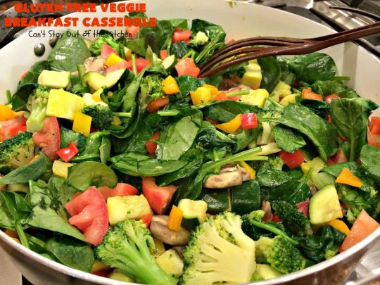 Gluten Free Veggie Breakfast Casserole | Can't Stay Out of the Kitchen | this is one fantastic #breakfast #casserole. This #healthy #glutenfree version is loaded with #veggies but NO meat. This terrific #breakfastcasserole is terrific for #holiday breakfasts like #Christmas or #NewYearsDay. #HolidayBreakfast #ChristmasBreakfast #NewYearsDayBreakfast #vegetarian #HealthyBreakfastCasserole #MeatlessMondays #VegetarianBreakfastCasserole #broccoli #spinach #tomatoes #squash #mushrooms #cheddarcheese