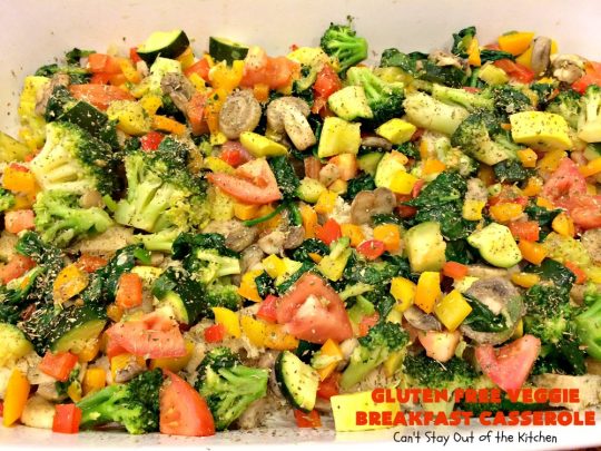 Gluten Free Veggie Breakfast Casserole | Can't Stay Out of the Kitchen | this is one fantastic #breakfast #casserole. This #healthy #glutenfree version is loaded with #veggies but NO meat. This terrific #breakfastcasserole is terrific for #holiday breakfasts like #Christmas or #NewYearsDay. #HolidayBreakfast #ChristmasBreakfast #NewYearsDayBreakfast #vegetarian #HealthyBreakfastCasserole #MeatlessMondays #VegetarianBreakfastCasserole #broccoli #spinach #tomatoes #squash #mushrooms #cheddarcheese