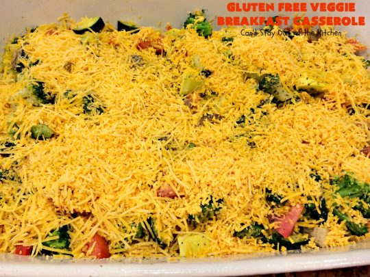 Gluten Free Veggie Breakfast Casserole | Can't Stay Out of the Kitchen | this is one fantastic #breakfast #casserole. This #healthy #glutenfree version is loaded with #veggies but NO meat. This terrific #breakfastcasserole is terrific for #holiday breakfasts like #Christmas or #NewYearsDay. #HolidayBreakfast #ChristmasBreakfast #NewYearsDayBreakfast #vegetarian #HealthyBreakfastCasserole #MeatlessMondays #VegetarianBreakfastCasserole #broccoli #spinach #tomatoes #squash #mushrooms #cheddarcheese