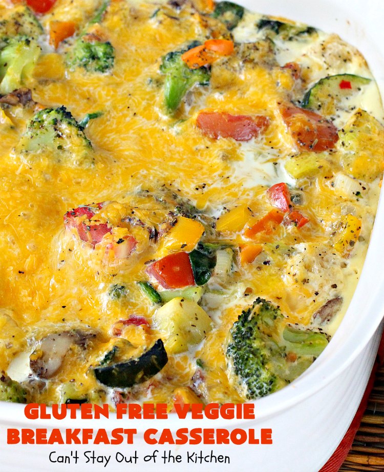 Gluten Free Veggie Breakfast Casserole | Can't Stay Out of the Kitchen | this is one fantastic #breakfast #casserole. This #healthy #glutenfree version is loaded with #veggies but NO meat. This terrific #breakfastcasserole is terrific for #holiday breakfasts like #Christmas or #NewYearsDay. #HolidayBreakfast #ChristmasBreakfast #NewYearsDayBreakfast #vegetarian #HealthyBreakfastCasserole #MeatlessMondays #VegetarianBreakfastCasserole #broccoli #spinach #tomatoes #squash #mushrooms #cheddarcheese