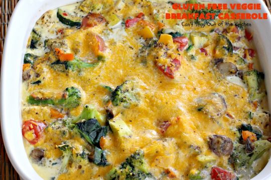 Gluten Free Veggie Breakfast Casserole | Can't Stay Out of the Kitchen | this is one fantastic #breakfast #casserole. This #healthy #glutenfree version is loaded with #veggies but NO meat. This terrific #breakfastcasserole is terrific for #holiday breakfasts like #Christmas or #NewYearsDay. #HolidayBreakfast #ChristmasBreakfast #NewYearsDayBreakfast #vegetarian #HealthyBreakfastCasserole #MeatlessMondays #VegetarianBreakfastCasserole #broccoli #spinach #tomatoes #squash #mushrooms #cheddarcheese