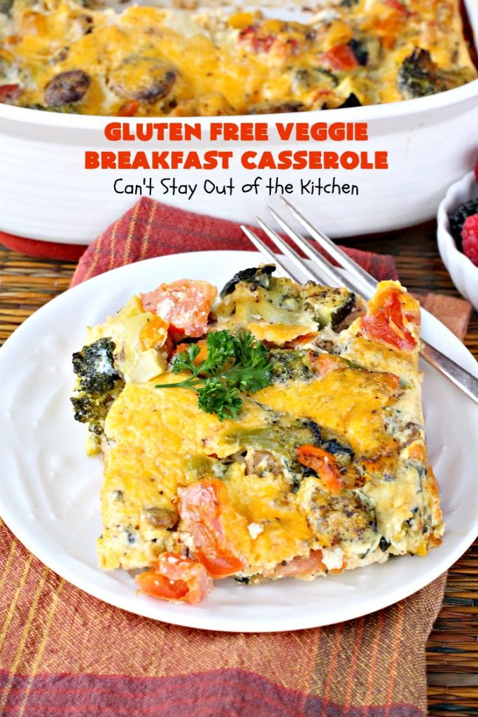 Gluten Free Veggie Breakfast Casserole | Can't Stay Out of the Kitchen | this is one fantastic #breakfast #casserole. This #healthy #glutenfree version is loaded with #veggies but NO meat. This terrific #breakfastcasserole is terrific for #holiday breakfasts like #Christmas or #NewYearsDay. #HolidayBreakfast #ChristmasBreakfast #NewYearsDayBreakfast #vegetarian #HealthyBreakfastCasserole #MeatlessMondays #VegetarianBreakfastCasserole #broccoli #spinach #tomatoes #squash #mushrooms #cheddarcheese