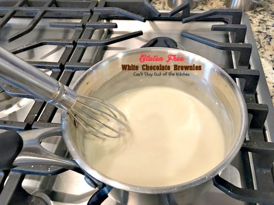 Gluten Free White Chocolate Brownies | Can't Stay Out of the Kitchen | these amazing #fudgy #brownies are made with #Ghirardelli white #chocolate. Great for #tailgating! #glutenfree #dessert