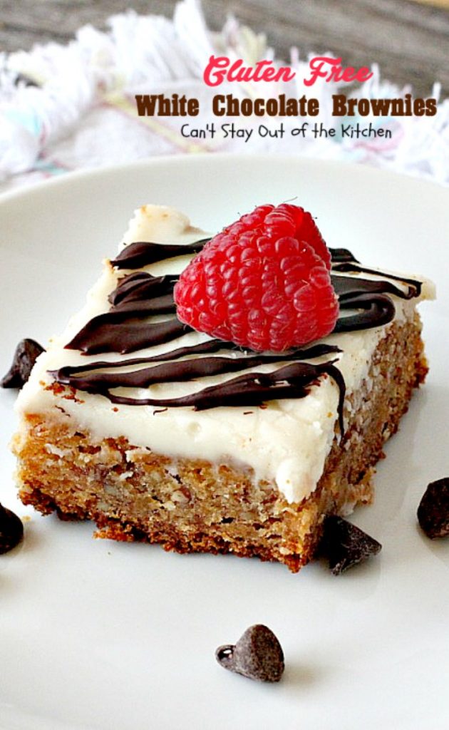 Gluten Free White Chocolate Brownies | Can't Stay Out of the Kitchen | these amazing #fudgy #brownies are made with #Ghirardelli white #chocolate. Great for #tailgating! #glutenfree #dessert
