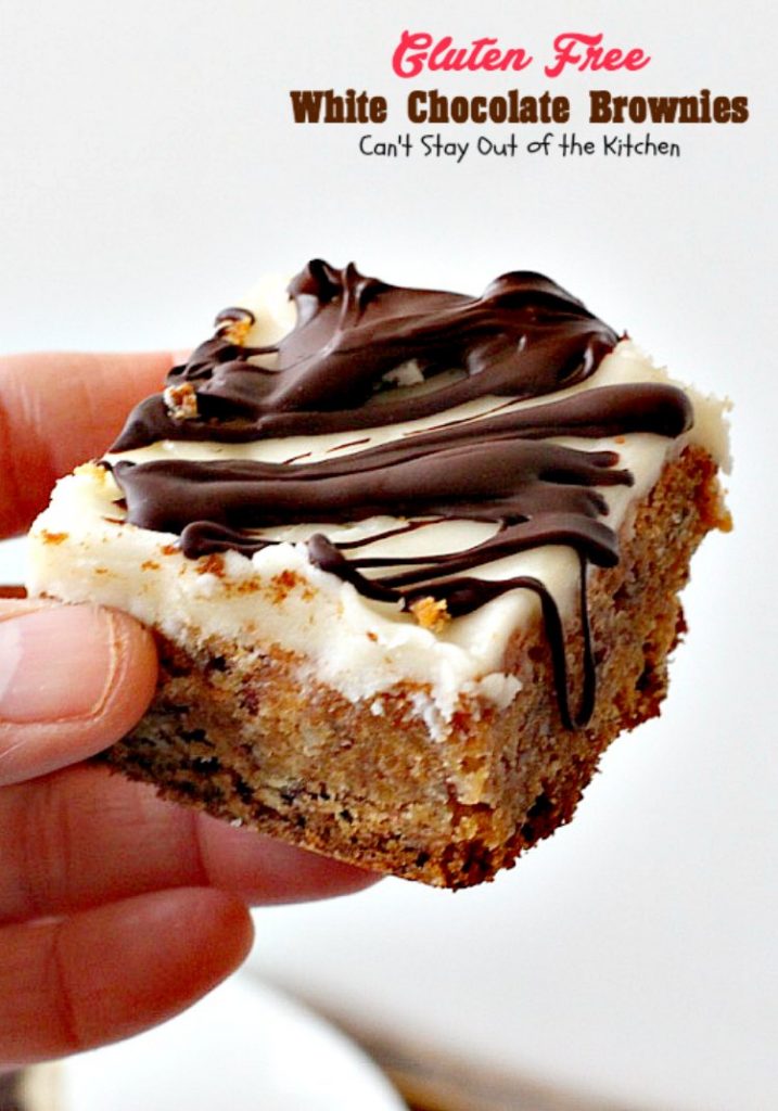 Gluten Free White Chocolate Brownies | Can't Stay Out of the Kitchen | these amazing #fudgy #brownies are made with #Ghirardelli white #chocolate. Great for #tailgating! #glutenfree #dessert