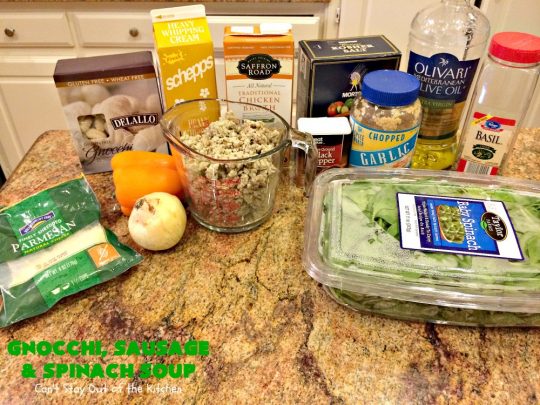 Gnocchi, Sausage and Spinach Soup | Can't Stay Out of the Kitchen | this delightful #glutenfree #soup is made with #sausage, #spinach & potato #gnocchi. It's terrific comfort food for cool, fall & winter nights. #pork #parmesancheese