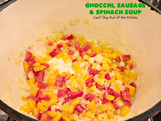 Gnocchi, Sausage and Spinach Soup | Can't Stay Out of the Kitchen | this delightful #glutenfree #soup is made with #sausage, #spinach & potato #gnocchi. It's terrific comfort food for cool, fall & winter nights. #pork #parmesancheese