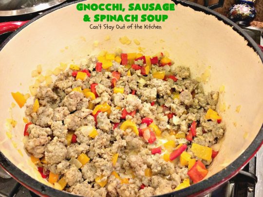 Gnocchi, Sausage and Spinach Soup | Can't Stay Out of the Kitchen | this delightful #glutenfree #soup is made with #sausage, #spinach & potato #gnocchi. It's terrific comfort food for cool, fall & winter nights. #pork #parmesancheese