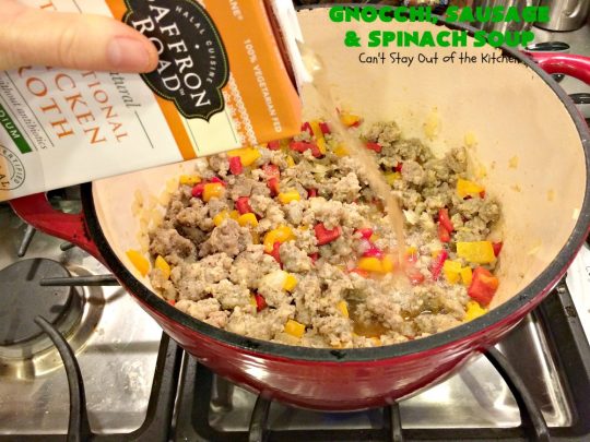 Gnocchi, Sausage and Spinach Soup | Can't Stay Out of the Kitchen | this delightful #glutenfree #soup is made with #sausage, #spinach & potato #gnocchi. It's terrific comfort food for cool, fall & winter nights. #pork #parmesancheese