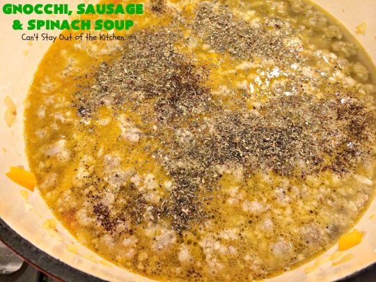 Gnocchi, Sausage and Spinach Soup | Can't Stay Out of the Kitchen | this delightful #glutenfree #soup is made with #sausage, #spinach & potato #gnocchi. It's terrific comfort food for cool, fall & winter nights. #pork #parmesancheese