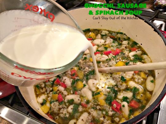 Gnocchi, Sausage and Spinach Soup | Can't Stay Out of the Kitchen | this delightful #glutenfree #soup is made with #sausage, #spinach & potato #gnocchi. It's terrific comfort food for cool, fall & winter nights. #pork #parmesancheese