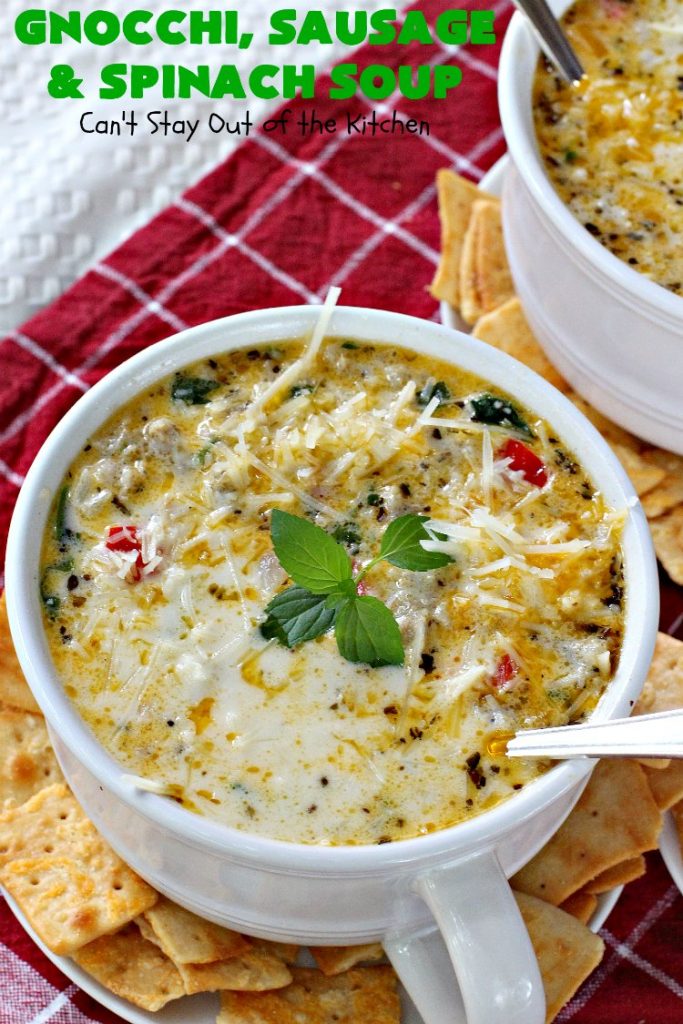Gnocchi, Sausage and Spinach Soup | Can't Stay Out of the Kitchen | this delightful #glutenfree #soup is made with #sausage, #spinach & potato #gnocchi. It's terrific comfort food for cool, fall & winter nights. #pork #parmesancheese