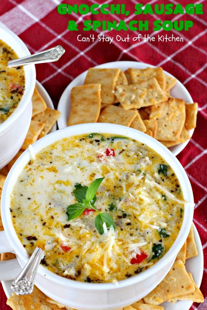 Gnocchi, Sausage and Spinach Soup | Can't Stay Out of the Kitchen | this delightful #glutenfree #soup is made with #sausage, #spinach & potato #gnocchi. It's terrific comfort food for cool, fall & winter nights. #pork #parmesancheese