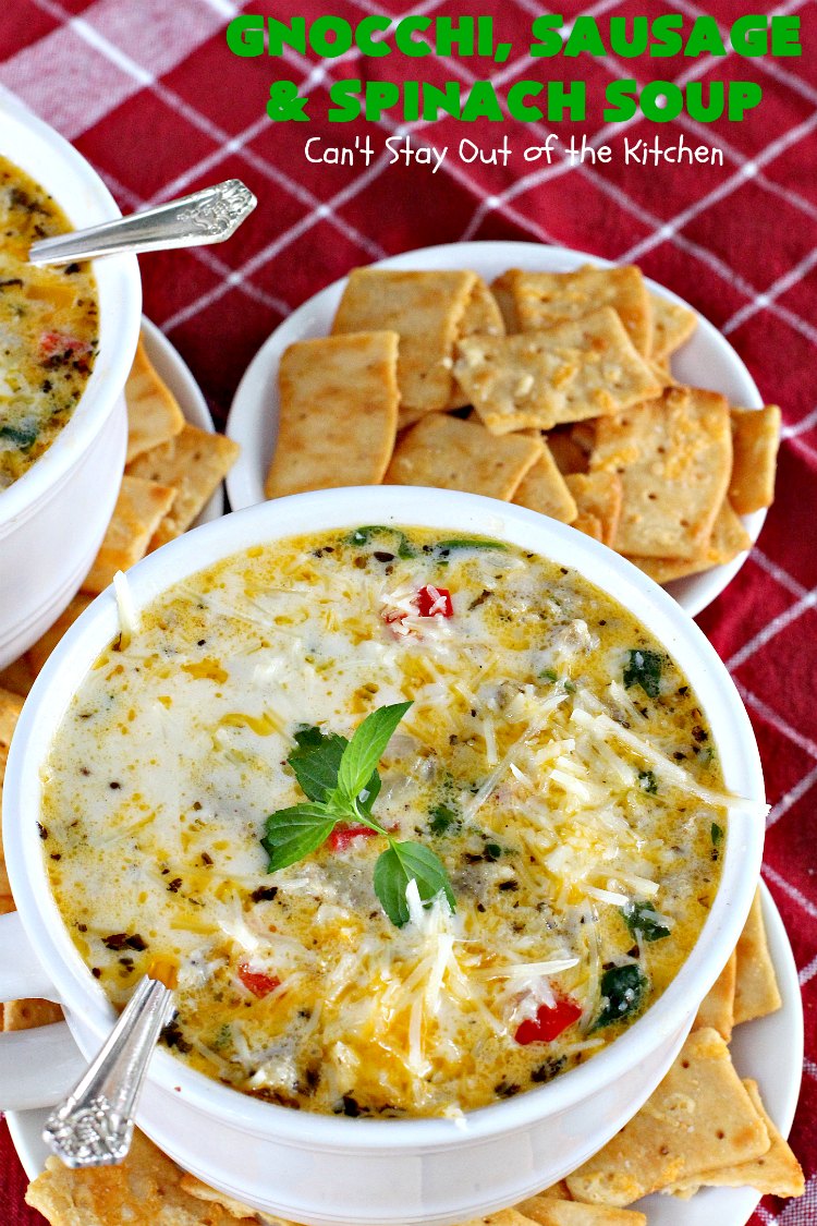 Gnocchi, Sausage and Spinach Soup | Can't Stay Out of the Kitchen | this delightful #glutenfree #soup is made with #sausage, #spinach & potato #gnocchi. It's terrific comfort food for cool, fall & winter nights. #pork #parmesancheese