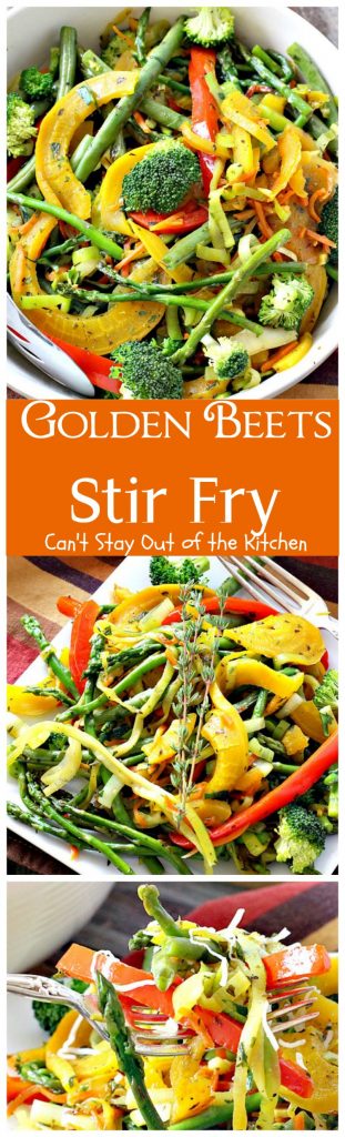 Golden Beets Stir Fry | Can't Stay Out of the Kitchen | phenomenal #MeatlessMonday dish with #beets, #asparagus, #greenbeans, #broccoli & #zucchini. Healthy, low calorie, #glutenfree & #vegan.