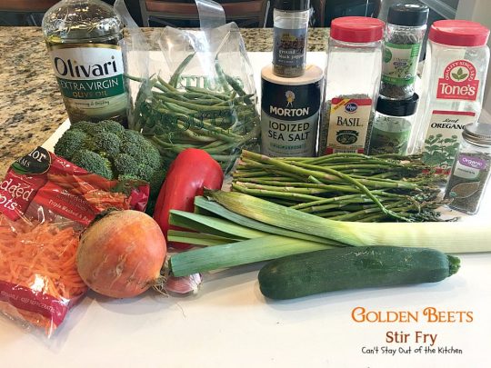 Golden Beets Stir Fry | Can't Stay Out of the Kitchen | phenomenal #MeatlessMonday dish with #beets, #asparagus, #greenbeans, #broccoli & #zucchini. Healthy, low calorie, #glutenfree & #vegan.