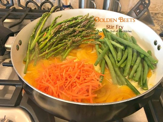 Golden Beets Stir Fry | Can't Stay Out of the Kitchen | phenomenal #MeatlessMonday dish with #beets, #asparagus, #greenbeans, #broccoli & #zucchini. Healthy, low calorie, #glutenfree & #vegan.