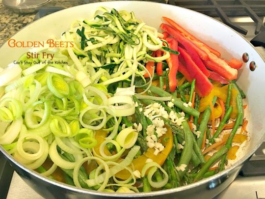 Golden Beets Stir Fry | Can't Stay Out of the Kitchen | phenomenal #MeatlessMonday dish with #beets, #asparagus, #greenbeans, #broccoli & #zucchini. Healthy, low calorie, #glutenfree & #vegan.