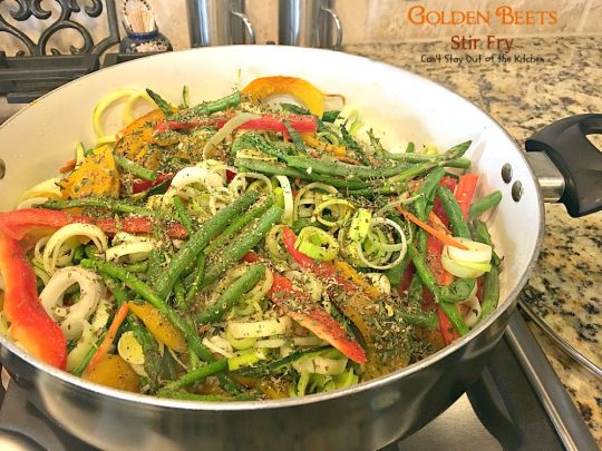 Golden Beets Stir Fry | Can't Stay Out of the Kitchen | phenomenal #MeatlessMonday dish with #beets, #asparagus, #greenbeans, #broccoli & #zucchini. Healthy, low calorie, #glutenfree & #vegan.