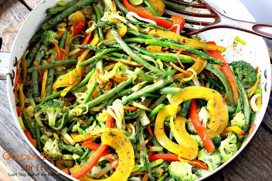 Golden Beets Stir Fry | Can't Stay Out of the Kitchen | phenomenal #MeatlessMonday dish with #beets, #asparagus, #greenbeans, #broccoli & #zucchini. Healthy, low calorie, #glutenfree & #vegan.