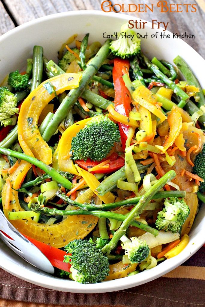 Golden Beets Stir Fry | Can't Stay Out of the Kitchen | phenomenal #MeatlessMonday dish with #beets, #asparagus, #greenbeans, #broccoli & #zucchini. Healthy, low calorie, #glutenfree & #vegan.