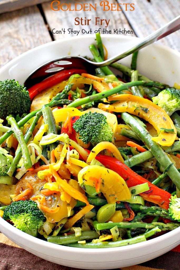 Golden Beets Stir Fry | Can't Stay Out of the Kitchen | phenomenal #MeatlessMonday dish with #beets, #asparagus, #greenbeans, #broccoli & #zucchini. Healthy, low calorie, #glutenfree & #vegan.