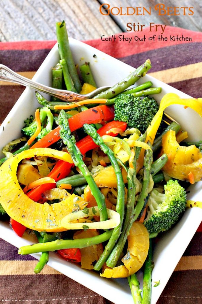 Golden Beets Stir Fry | Can't Stay Out of the Kitchen | phenomenal #MeatlessMonday dish with #beets, #asparagus, #greenbeans, #broccoli & #zucchini. Healthy, low calorie, #glutenfree & #vegan.