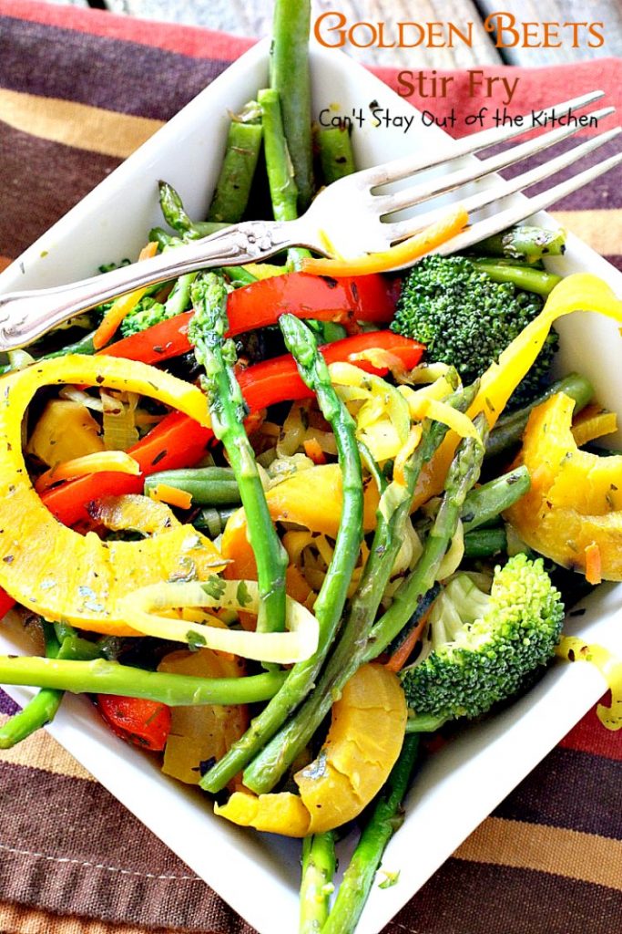 Golden Beets Stir Fry | Can't Stay Out of the Kitchen | phenomenal #MeatlessMonday dish with #beets, #asparagus, #greenbeans, #broccoli & #zucchini. Healthy, low calorie, #glutenfree & #vegan.
