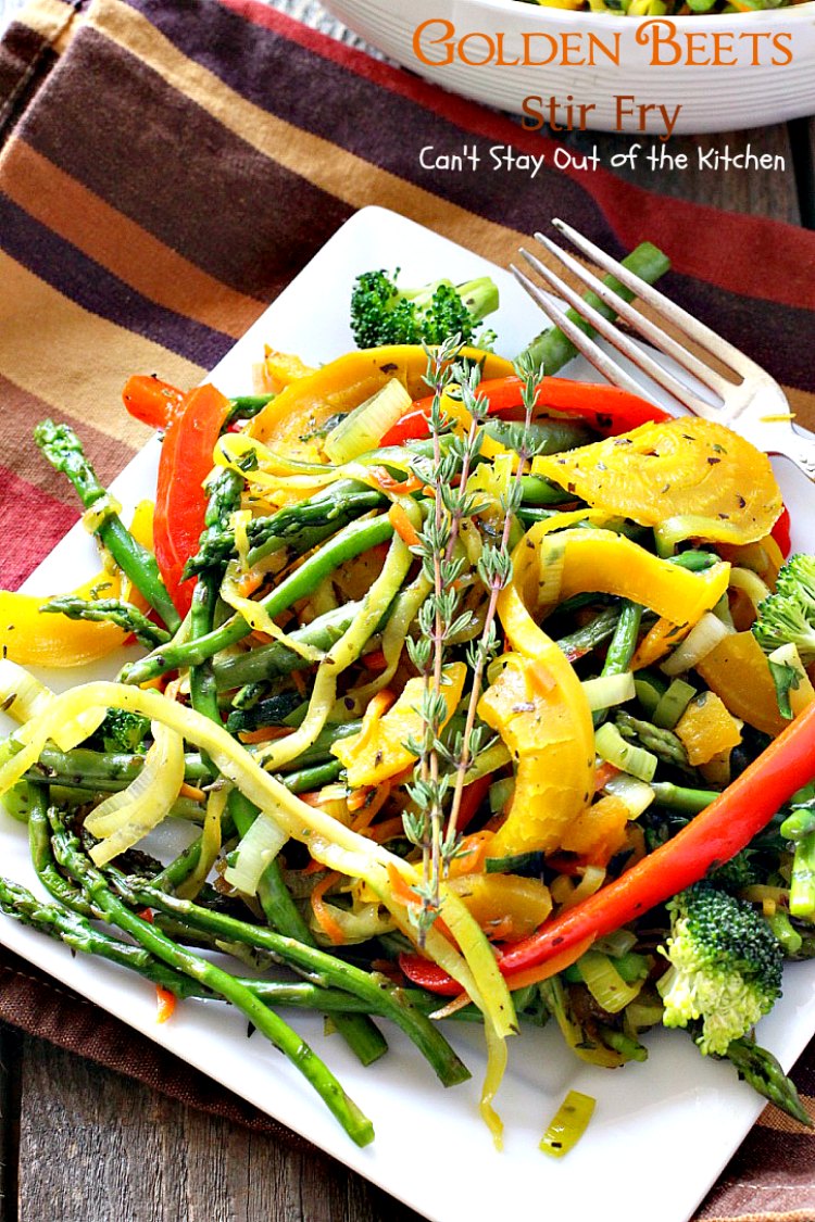 Golden Beets Stir Fry | Can't Stay Out of the Kitchen | phenomenal #MeatlessMonday dish with #beets, #asparagus, #greenbeans, #broccoli & #zucchini. Healthy, low calorie, #glutenfree & #vegan.