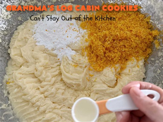 Grandma's Log Cabin Cookies | Can't Stay Out of the Kitchen | Cure your sweet tooth cravings with this vintage #cookie #recipe. It tastes like a #ShortbreadCookie since it's soft and puffy in texture. It's filled with #OrangeZest & #LemonJuice & absolutely delightful for #holiday #baking. Excellent for a #ChristmasCookieExchange, #tailgating or #Christmas parties, & sharing with family & friends. #dessert #HolidayDessert #OrangeDessert #LogCabinCookies #GrandmasLogCabinCookies