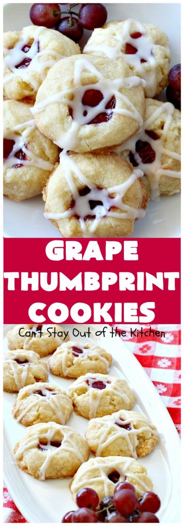Grape Thumbprint Cookies | Can't Stay Out of the Kitchen | these amazing #cookies are filled with #grape jam & glazed with a powdered sugar icing. They're wonderful for any kind of #holiday or special occasion #baking. #dessert
