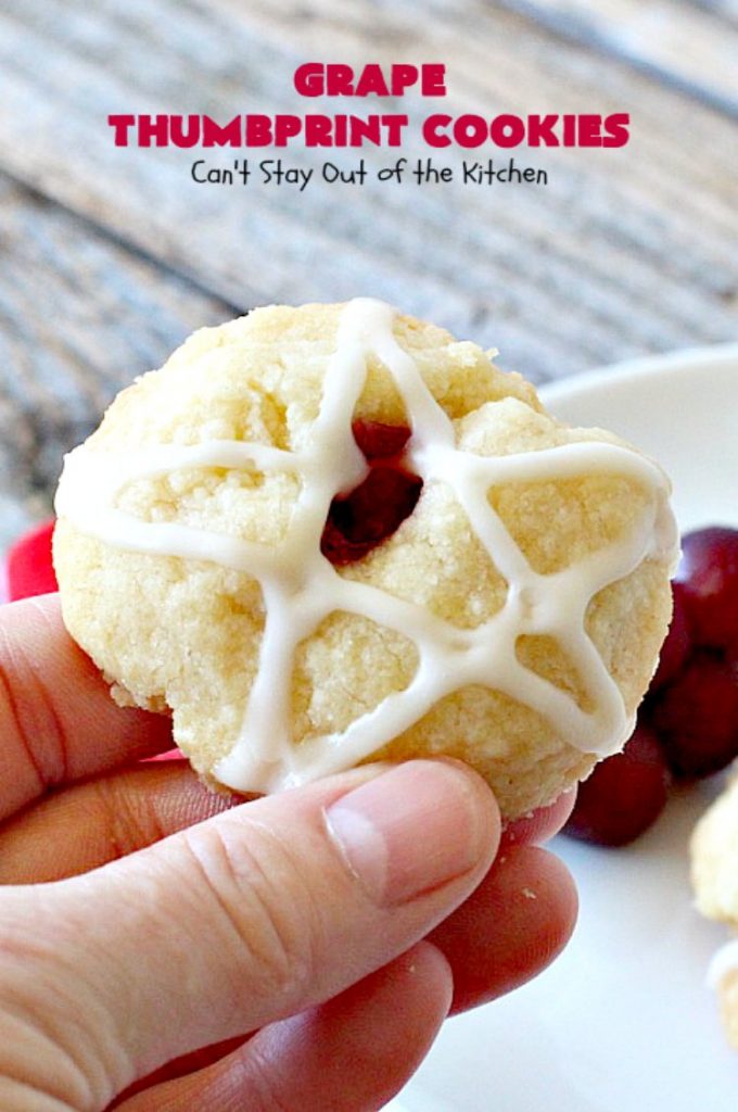 Grape Thumbprint Cookies | Can't Stay Out of the Kitchen | these amazing #cookies are filled with #grape jam & glazed with a powdered sugar icing. They're wonderful for any kind of #holiday or special occasion #baking. #dessert