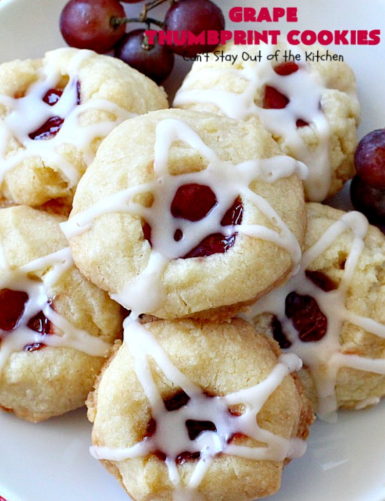 Grape Thumbprint Cookies | Can't Stay Out of the Kitchen | these amazing #cookies are filled with #grape jam & glazed with a powdered sugar icing. They're wonderful for any kind of #holiday or special occasion #baking. #dessert