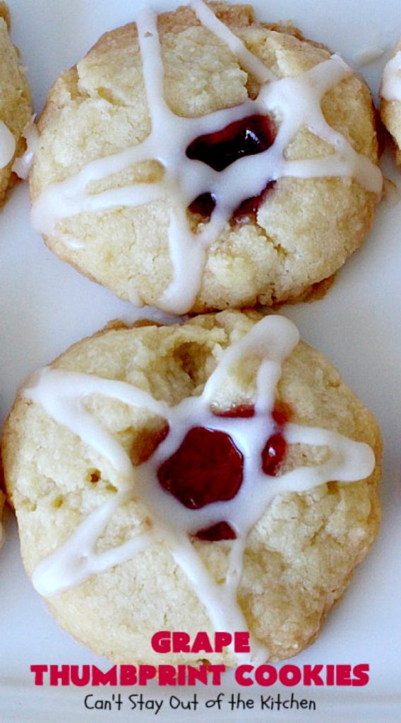 Grape Thumbprint Cookies | Can't Stay Out of the Kitchen | these amazing #cookies are filled with #grape jam & glazed with a powdered sugar icing. They're wonderful for any kind of #holiday or special occasion #baking. #dessert