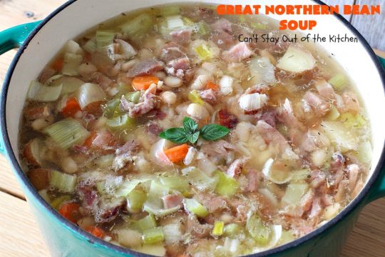 Great Northern Bean Soup | Can't Stay Out of the Kitchen | this is one of the BEST #HamAndBeanSoup #recipes I've ever eaten. This fantastic #GooseberryPatch #soup is hearty, filling, satisfying & irresistible comfort food. It's absolutely awesome served with #cornbread crumbed into it. Our company loved it! Great way to use up leftover #holiday #ham. #pork #GreatNorthernBeans #GreatNorthernBeanSoup #GlutenFree #ham #potatoes #carrots