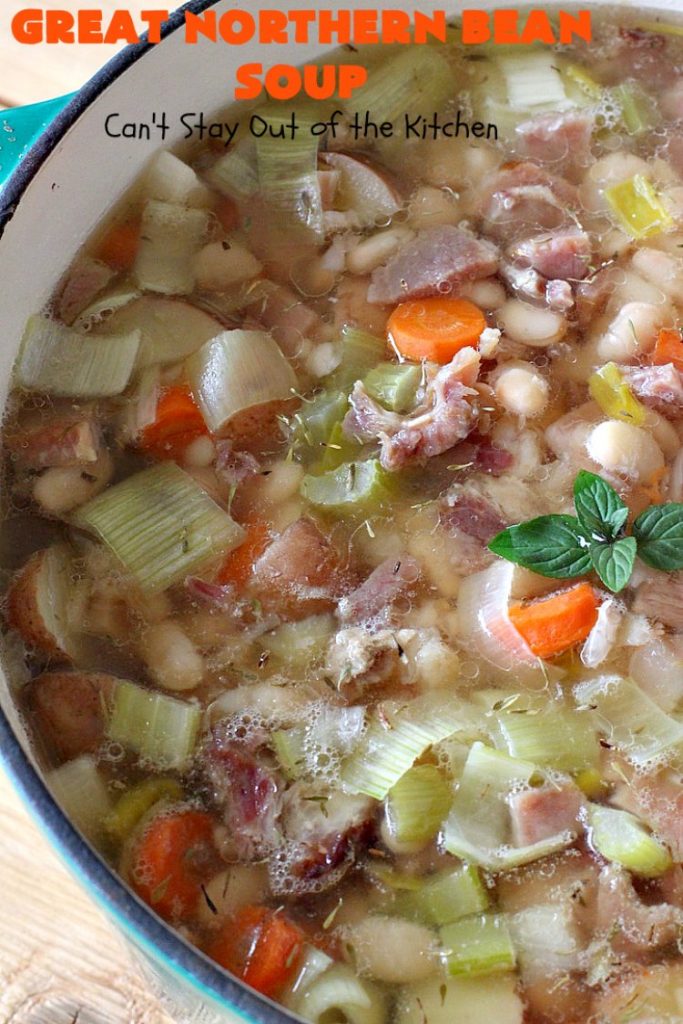 Great Northern Bean Soup | Can't Stay Out of the Kitchen | this is one of the BEST #HamAndBeanSoup #recipes I've ever eaten. This fantastic #GooseberryPatch #soup is hearty, filling, satisfying & irresistible comfort food. It's absolutely awesome served with #cornbread crumbed into it. Our company loved it! Great way to use up leftover #holiday #ham. #pork #GreatNorthernBeans #GreatNorthernBeanSoup #GlutenFree #ham #potatoes #carrots