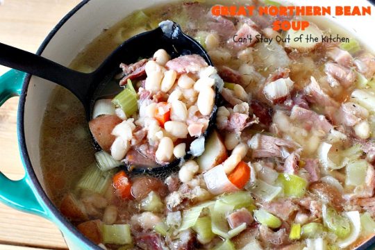 Great Northern Bean Soup | Can't Stay Out of the Kitchen | this is one of the BEST #HamAndBeanSoup #recipes I've ever eaten. This fantastic #GooseberryPatch #soup is hearty, filling, satisfying & irresistible comfort food. It's absolutely awesome served with #cornbread crumbed into it. Our company loved it! Great way to use up leftover #holiday #ham. #pork #GreatNorthernBeans #GreatNorthernBeanSoup #GlutenFree #ham #potatoes #carrots