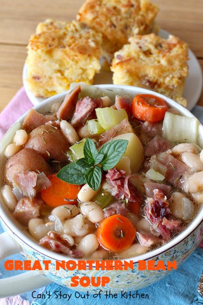 Great Northern Bean Soup | Can't Stay Out of the Kitchen | this is one of the BEST #HamAndBeanSoup #recipes I've ever eaten. This fantastic #GooseberryPatch #soup is hearty, filling, satisfying & irresistible comfort food. It's absolutely awesome served with #cornbread crumbed into it. Our company loved it! Great way to use up leftover #holiday #ham. #pork #GreatNorthernBeans #GreatNorthernBeanSoup #GlutenFree #ham #potatoes #carrots